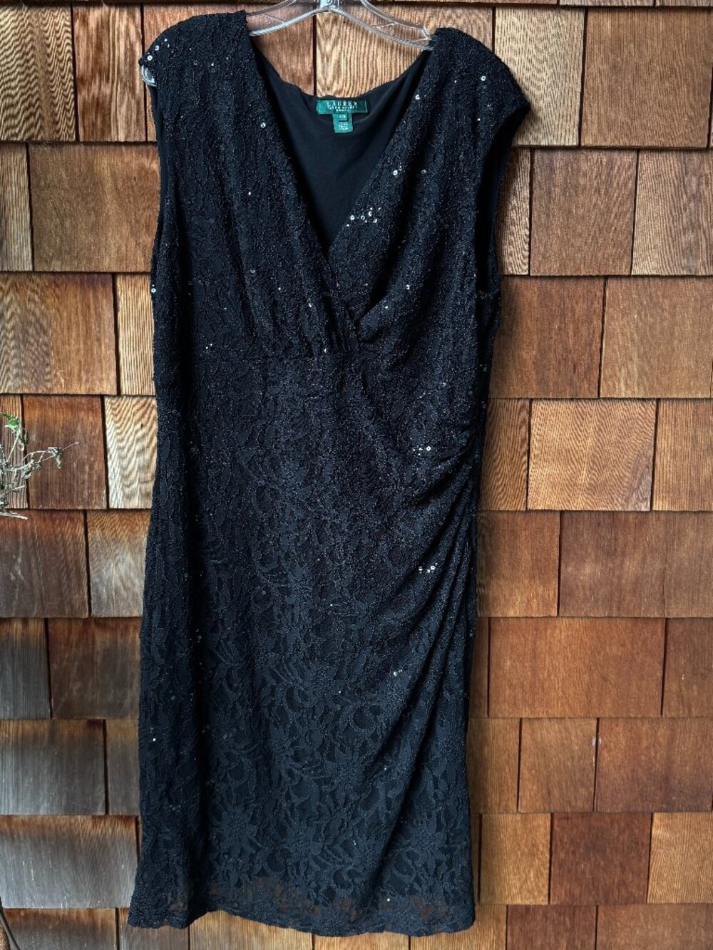 Ralph Lauren Black Lace Stretch Sequin V-Neck Sleeveless Dress in Women's 20W